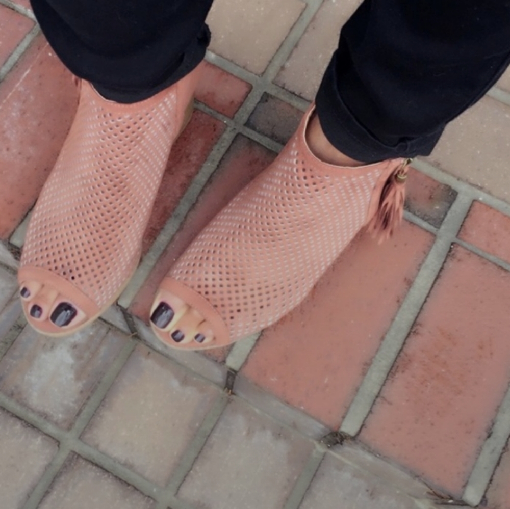 Perforated Suede Open Toe Block Heel Bootie W Ext… - image 2